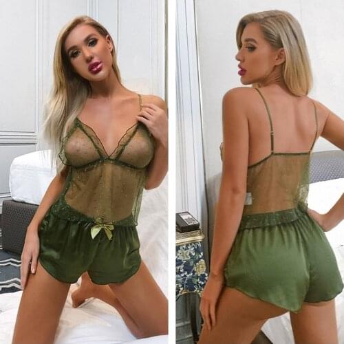 Lingerie Transparent Ligeros Sexi Ropa Intima Imitation Silk Pajamas Lace Satin Nightdress Nightgown Porno Conjunto Pijama Sexi