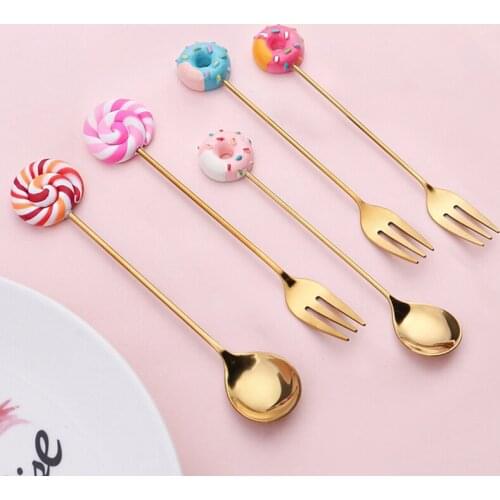 New Mini Stainless Steel Lovely Doughnut Dessert Spoon Fork Tea Coffee Ice Cream Tool Home Kitchen Flatware Dinnerware Tableware