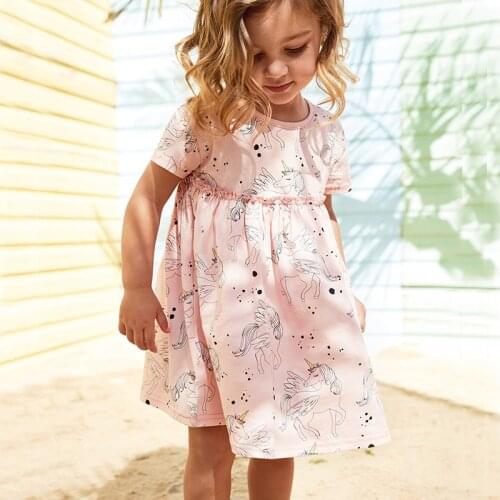 New Girls Dress Summer Cartoon Round Neck Princess Dress Cartoon Print Rainbow Unicorn Ice Cream Dress
