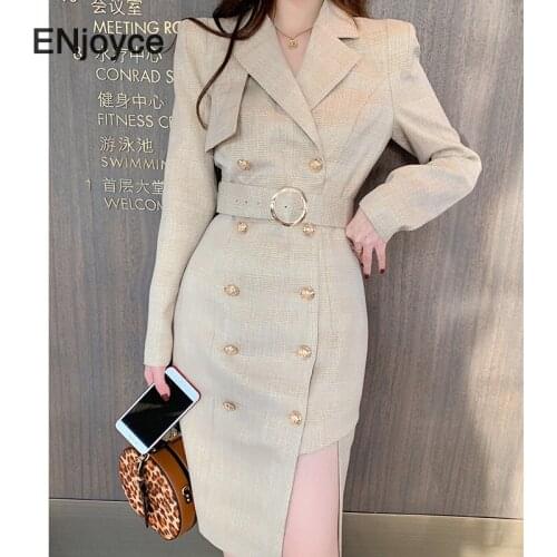 Autumn Professional Suit Collar Double Breasted Plaid Dress Irregular Design Elegant Ladies Fashion Workwear Midi Dresses 2020