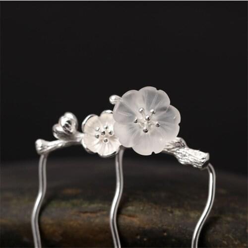 Hair Stick Forks 925 Sterling Silver Flower Hair Accessories For Women Diphylleia Natural Crystal Stone Japanese Haipins Sticks