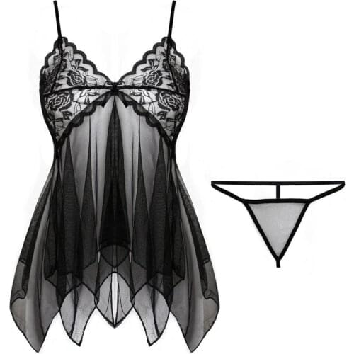 Women Hot Porn Pajamas Ladies Sexy Lace Night Dress Nighties V-neck Nightgown Lace Sleepwear Nightwear Women Homewear