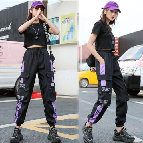 Womens Cargo Pants Buckle Ribbon Pocket Jogger Elastic Waist High Streetwear Harajuku Pant Punk Ring Chain Females Trousers