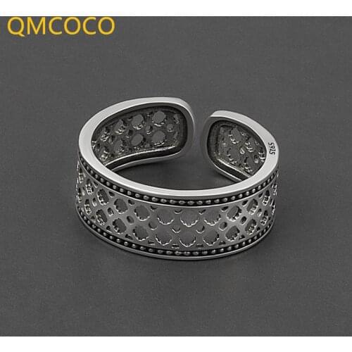 QMCOCO Japan-Korea Fashion Personality Creative Design Hollow Out Punk Ring 925 Silver Retro Do Old Open Adjustable Ring