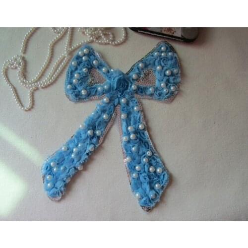 Size21*19cm(5pcs/lot) Sky Blue Sewing Butterfly Lace Applique with Peal Beads and sequins Lace patch