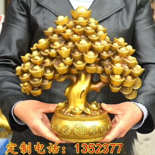 TOP GOOD HOME lobby office Shop Company FENG SHUI Money Drawing Talisman Good luck Gold ingot Money tree brass statue 29CM