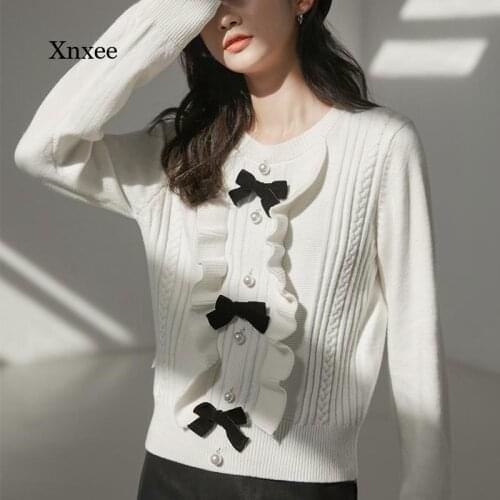 O Neck Bow Knitted Sweaters Autumn Women Long Sleeve Cardigan Single-Breasted Ruffles Casual French Sweet Woman Sweater Clothing