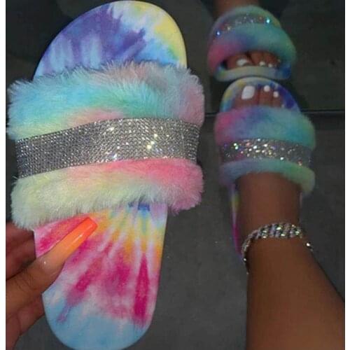 Fur Slides for Women Furry Sandals Glitter Slides with Fur Fury Slippers Shoes Wholesale Dropshipping Free Fast Shipping
