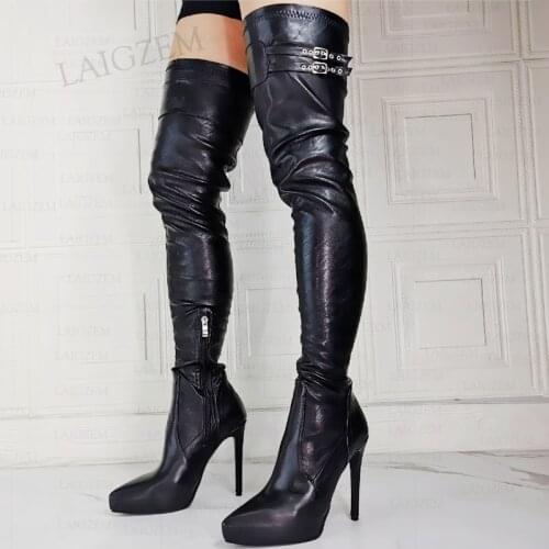 SEIIHEM Women Thigh High High Boots Stretchy Platform Side Zip Over Knee Boots Ladies Female Shoes Woman Big Size 38 42 44 47