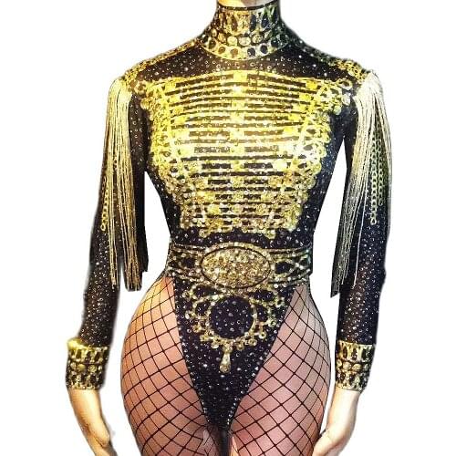 Sparkly Diamond Gold Sequin Tassel Women Jumpsuits Turtleneck Skinny Black Plaid Long Sleeve Bodysuits Nightclub Singer Costumes