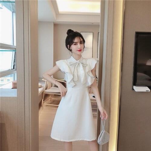 Ruffles Summer Style Korean Clothes Dresses for Women White Fashion Brands Ladies High Quality Bow A-line Dress New Female