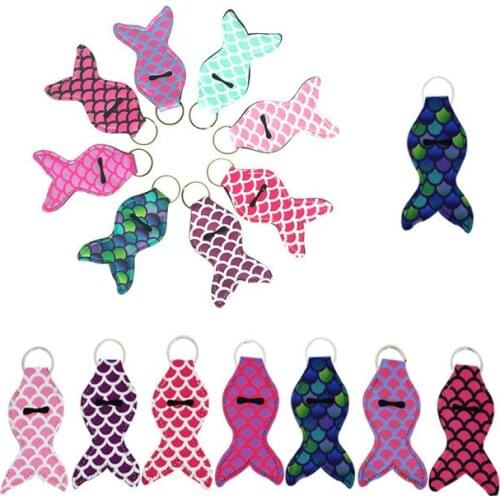 1pc Mermaid Tail Girl Lipstick Keychains Neoprene Chapstick Cover Holder Sleeve Keychain Key Ring Key Chain Women Gifts
