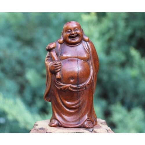 12 CM Chinese Boxwood Handwork Ruyi Sack Monk Wealth Maitreya Buddha sculpture