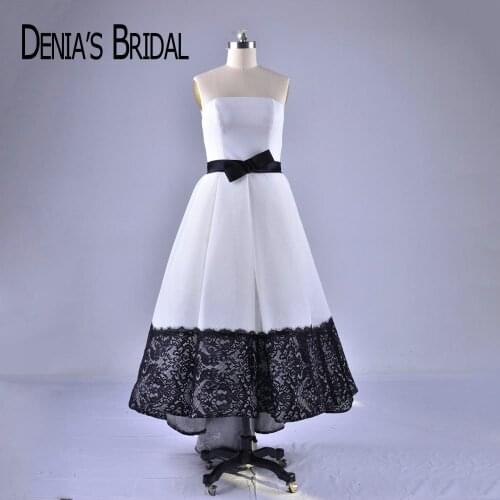 2018 Black and White Evening Dresses with Bow Belt Strapless Elegant Evening Gowns