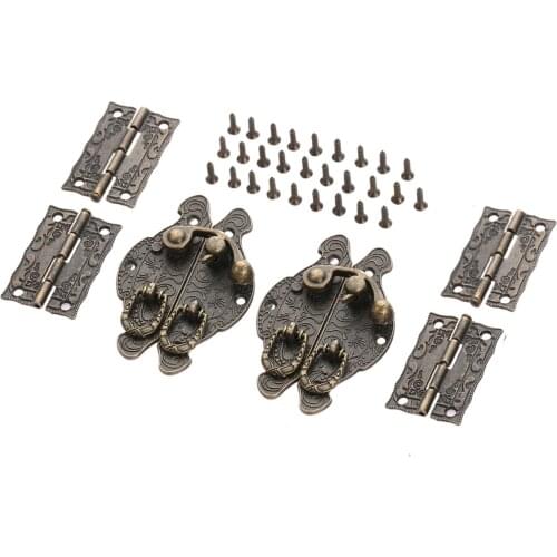 4Pcs 36*23mm Antique Bronze Cabinet Decorative Hinges+2Pcs 59*39mm Jewelry Wood Box Toggle Hasps Latch Clasps Furniture Hardware