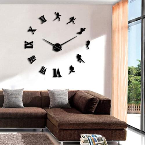 American Football Players DIY Large Wall Clock Wall Sticker Watch 3D Wall Clock Modern Design Room Decor Frameless Clock