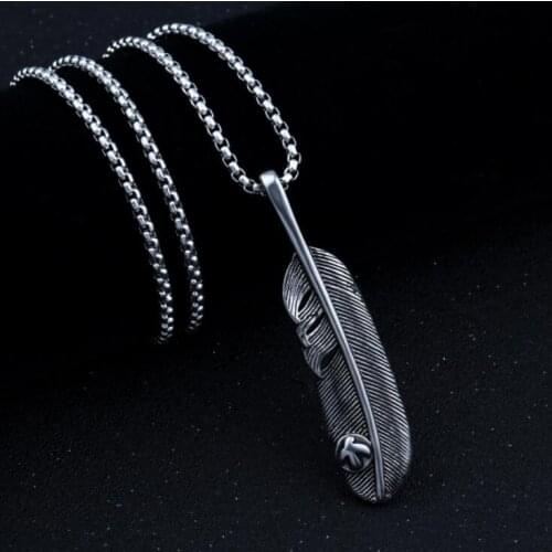Charms Gothic Vintage Feather Necklace Pendant Gift for Him Cool Guy Jewelry Mens Stainless Steel Necklace