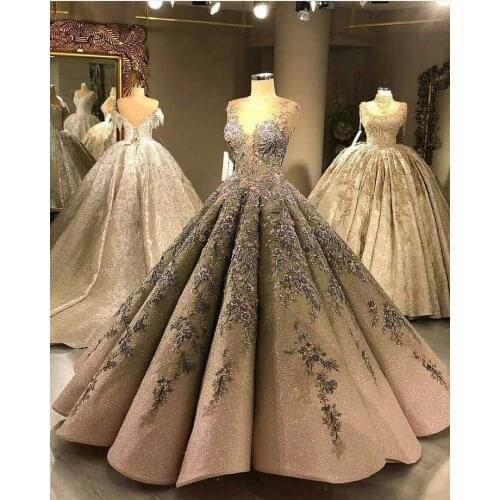 Luxury Sequins Quinceanera Dresses Sheer Neck Lace Applique Girls Princess Ball Gown Pageant Gowns Formal prom Dress