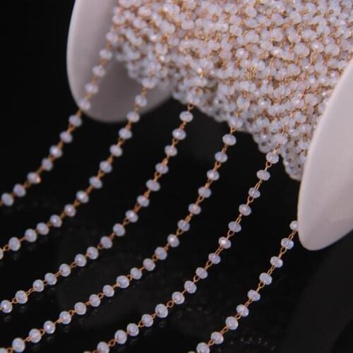 5meters,2x3mm Opal Glass Rosary Chain,Glass Crystal Faceted Rondelle Link Brass Wire Wrapped Chain,DIY Necklace Jewelry Crafts