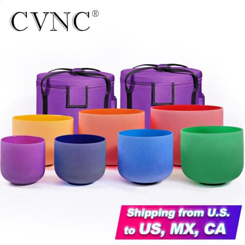 CVNC 6-12 Inch Colored Frosted Quartz Crystal Singing Bowl Set of 7pcs Chakra for Therapy Meditation with Free Carrying Cases