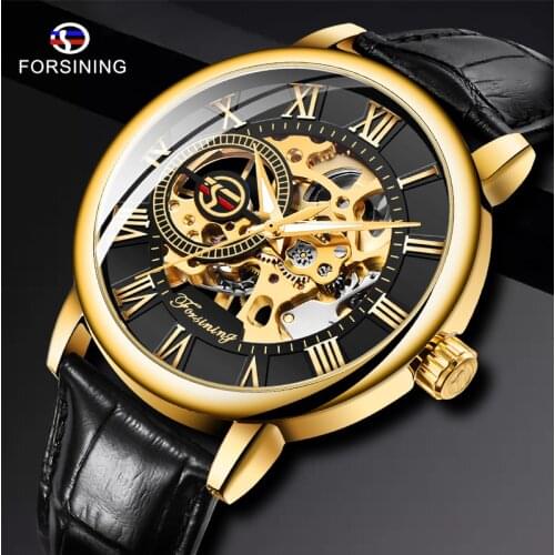 Forsining 3d Logo Design Hollow Engraving Black Gold Case Leather Skeleton Mechanical Watches Men Luxury Brand Heren Horloge