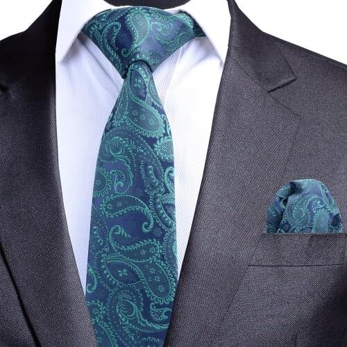 GUSLESON Quality Tie Set for Men Blue Paisley Tie and Pocket Square Black Necktie Man Corbatas Hombre Handkerchief Wedding Tie