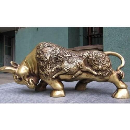 Chinese Bronze Copper Zodiac Wealth Carved Dragon Kylin Lotus Cai Bull Ox Statue