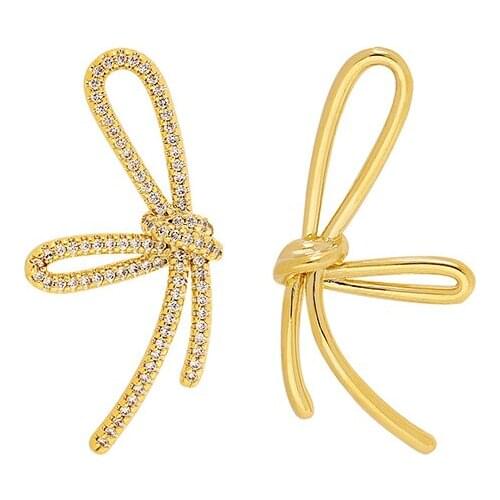 SRCOI Creative Asymmetric Zircon Bow Earrings Female Exquisite Hollow Gold Color Knotted Stud Earrings Women Fashion Jewelry