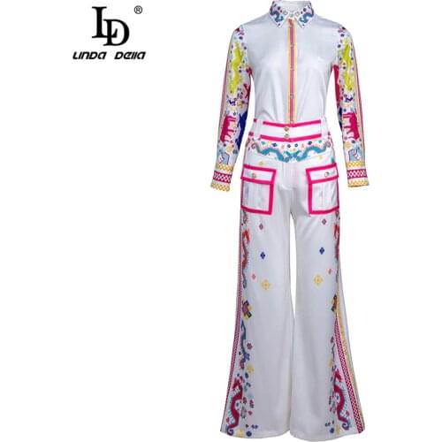 LD LINDA DELLA 2021 Summer Runway Loose Fashion Print Suits Womens Long sleeve White Top and High waist Full Pant Two Piece Set