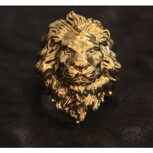 LINSION High Detail Gold Plated Brass Lion Ring Mens Biker Punk Jewellery BR128 US Size 7~15