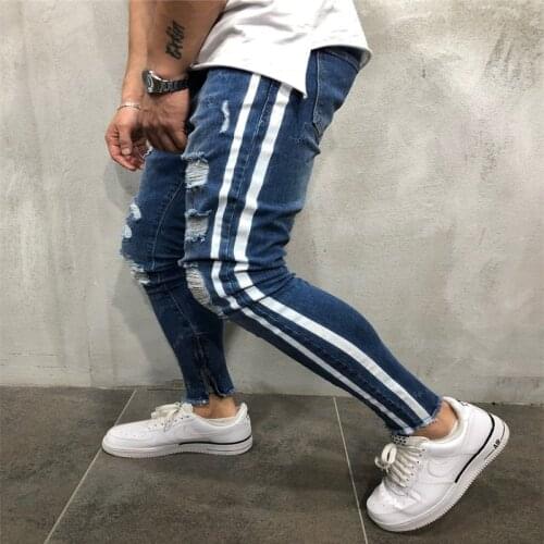 2020 Men 'Side Stripe Jeans Zipper Designer Stretch Broken Ripped Blue Jeans Hip Hop Elastic Waist Joggers Pants Mens