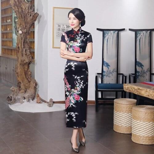 Spring Summer Cheongsam Dress Satin Printing Daily Banquet WomenS Performance Clothing Beautiful Long Qipao Chinese Clothing