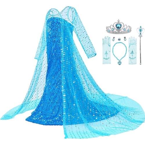 Elsa Dress Girls Cosplay Snow Queen Princess Blue Sequin Costume Elsa Crown and Wig Kids Party Christmas Evening Dress