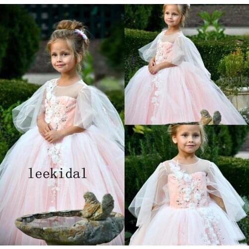 Princess Pink Flower Girl Dresses Daughter Toddler Pretty Kids Pageant First Communion Dress Jewel Neck Tulle Long Prom Dresses