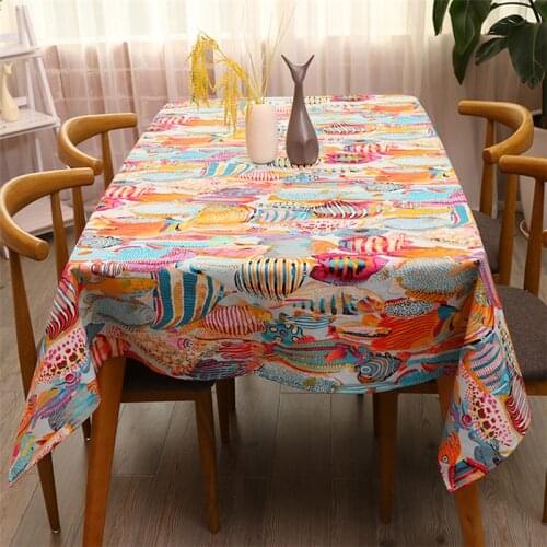 Thicken Cotton Linen Tablecloth Blue Mediterranean Cartoon Colorful Tropical Fish Ocean Cover Table Cloth for Wedding Tea Table