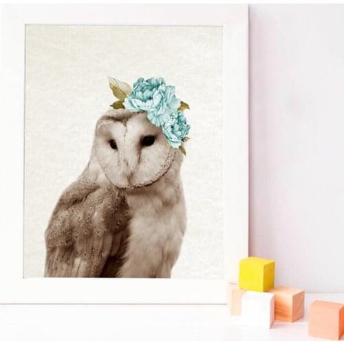 Owl Woodlands Animal Prints Nursery Wall Art Decor Watercolor Mint Lavender Flower Poster Canvas Painting Baby Kids Room Gift