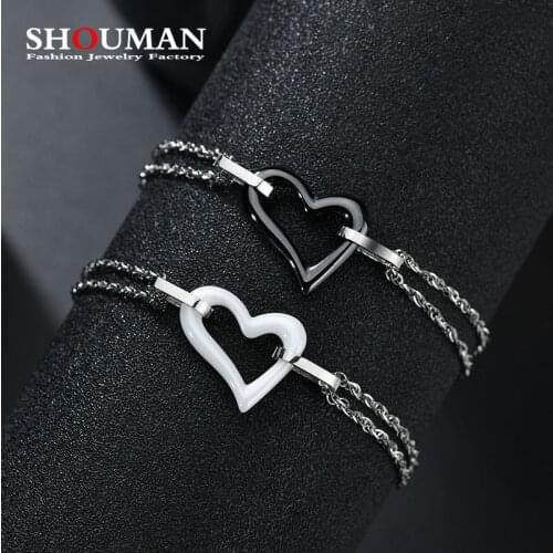 SHOUMAN High Quality Heart Tempered Ceramic 316L Stainless Steel Charm Bracelets for Women Girl Black Bracelet Handmade Jewelry