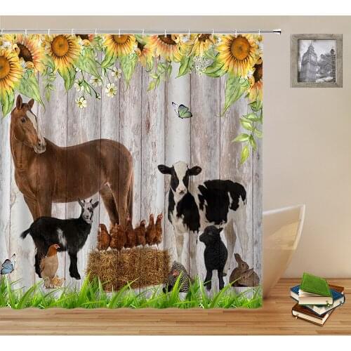 Farm Animal Shower Curtains Farmhouse Vintage Planks Wall Cow Horse Poultry Animals Bathroom Decor Fabric Hanging Curtain Set