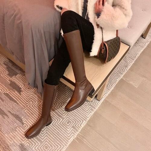 Concise Genuine Leather Low Heels Women Vintage Knee High Boots Party Prom Shoes Woman Autumn Winter Side Zipper Long Boots