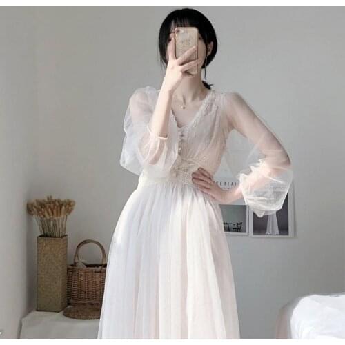Plus Size Elegant Button A-Line Vestidos White Dress Women 2021 Spring Puff Sleeve Empire V-Neck Lace Voile Mesh Sweet Dresses