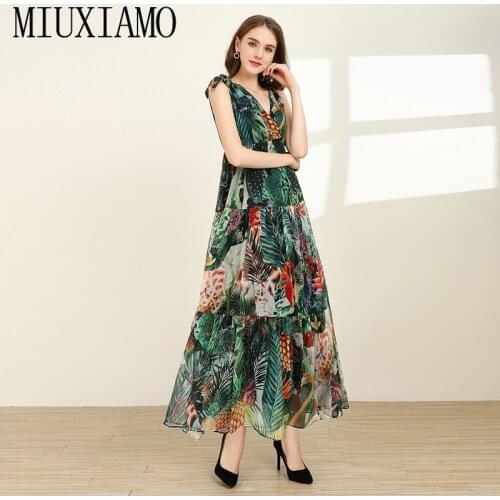 MIUXIMAO High Quality 2020 Runway Designer Spring Dress Flower Leaf Print Elegant Casual beach dress Long Dress Women vestidos