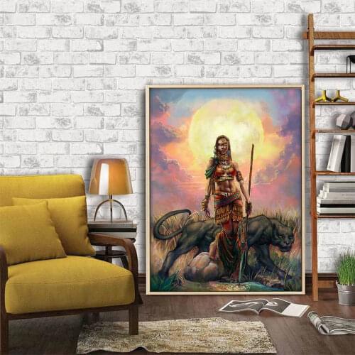 African Art Painting Sexy Woman With Wild Leopard Wall Art Poster Tribe Landscape Canvas Painting For Living Room Bedroom Decor