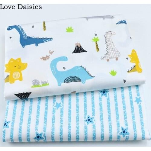 100% Cotton Twill Cloth WHITE Cartoon Fresh Blue Dinosaur Palm Stripe Stars Fabrics for DIY Kids Bedding Cushion Handwork Decor