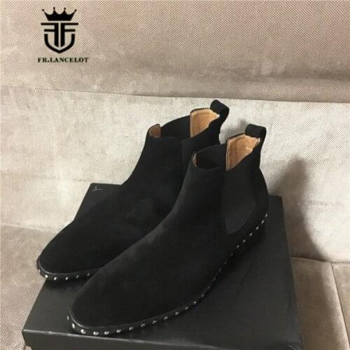 18 Luxury High End Handmade Slip-On Suede Leather Catwalk Rivets punk Boots Wedge Ankle Chelsea Men Boots