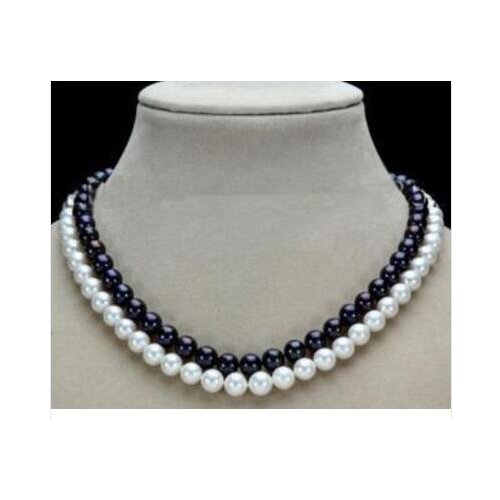 2 Row 7-8mm Black White Natural Pearl Necklace 43-44CM Factory Gift word Jewelry good women gift jewelryCZ Luxury Ms. girl