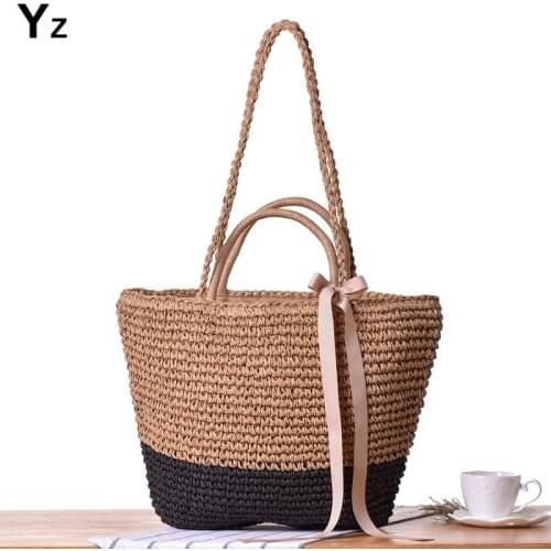 Aaby 2021 New Handmade Straw Bags Ribbons Bowknot Beach Knitting Handbags Tote Shoulder Bag For Women