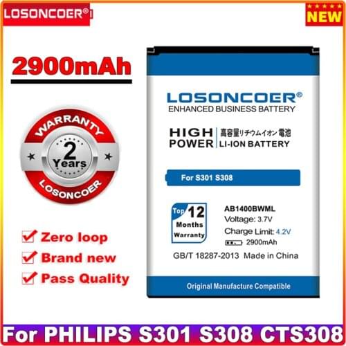 LOSONCOER 2900mAh AB1400BWML Battery for PHILIPS S301 S308 CTS308 Cellphone Batteries