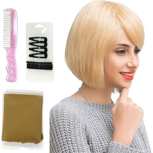 Blonde Side Part Women Short Straight Bob Wig with Bangs Human Hair Wig 14