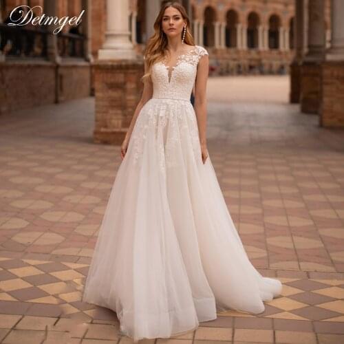 Detmgel New Arrival Luxury Beaded Appliques Tulle A-Line Wedding Dresses 2020 Elegant Scoop Neck Cap Sleeves Vintage Bridal Gown
