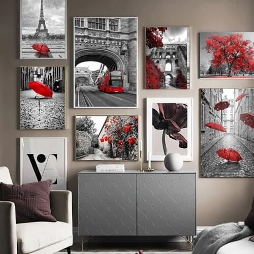 Europe Red Style Black and White Scenery Picture Wall Art Canvas Painting Vintage Landscape Posters and Prints for Home Design